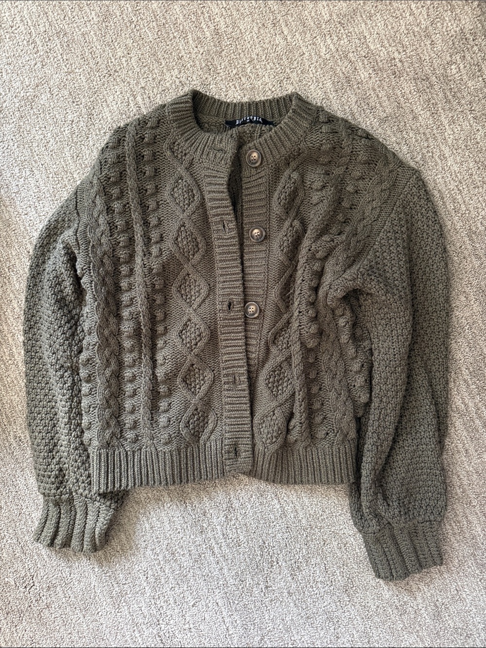 Disturbia Olive Green Cable-Knit Button Cardigan